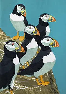 Linocut: Five Puffins