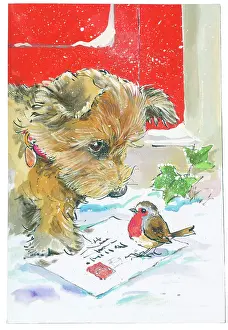 Matthes: Puppy and robin with letter in the snow