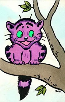 Lewin: Purple cat in a tree on a postcard