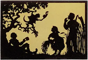 Persuading: Puss in Boots talks to reapers mowing a meadow