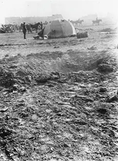 Quartermaster: Quartermaster's tent with shell hole in foreground, WW1