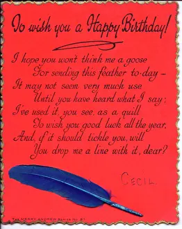 Puns: Quill pen with comic verse on a birthday card