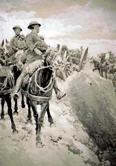 Limbers: R F A mule-teams pulling limbers over a shell torn track