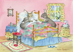Sill: Rabbit in bed and rabbit bringing flowers