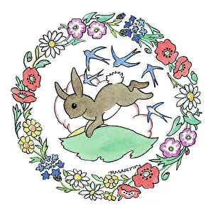 Bluebirds: Rabbit and Blue Birds with summer flowers