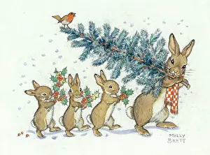 A rabbit carrying a christmas tree with her three children