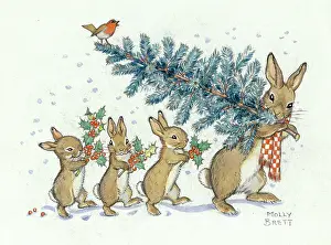 Bunnies: A rabbit carrying a christmas tree with her three children