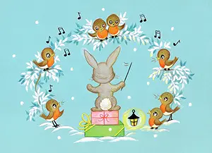 Adair: Rabbit conducting choir of robins on snow-covered foliage