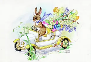 Cloke: Rabbit driving vintage car with flowers and Easter eggs