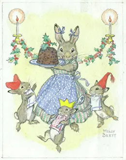 Cutesy: Rabbit family with Christmas pudding