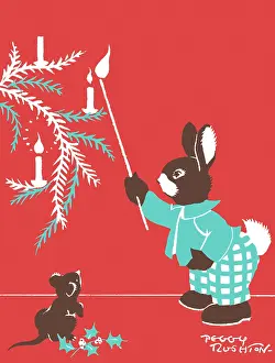 Bunnies: Rabbit Lighting a Candle on Christmas Tree