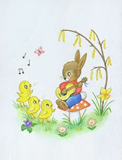 Adair: Rabbit playing guitar to three chicks