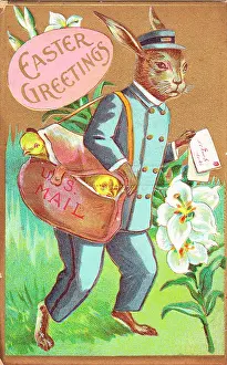 Mailbag: Rabbit postman delivering chicks on an Easter postcard