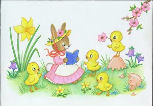 Adair: Rabbit reading book to four chicks