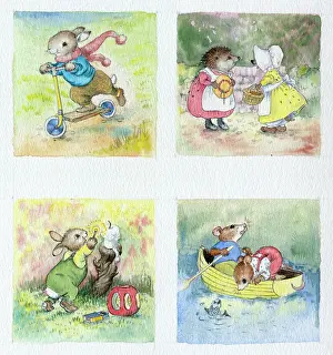 Gossiping: Rabbit on scooter; two hedgehogs gossiping