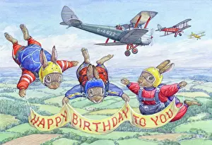 Three Rabbit Skydivers with 3 biplanes in sky