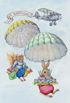 Trailing: Rabbit and Squirre parachuting with presents
