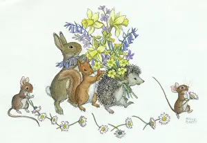Rabbit, squirrel, hedgehog with a bouquet
