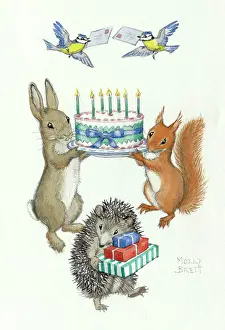 Bluetits: Rabbit and squirrel holding birthday cake