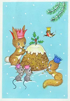 Adair: Rabbit, squirrel, two mice and robin with Christmas Pudding