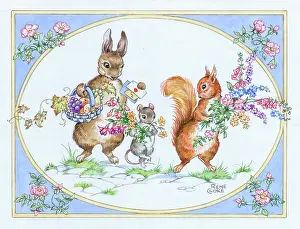 Cloke: Rabbit, squirrel and mouse with fruit, flowers and cards