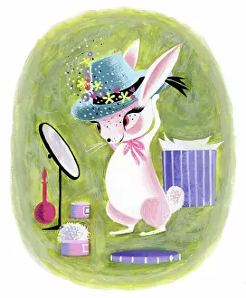 Houghton: Rabbit trying on hat in front of mirror