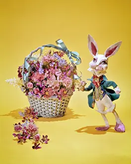 Seamless: A Rabbit Wearing Costume Standing Beside a Basket