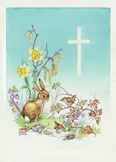 Wrens: Rabbit, wrens, daffodils and cross - with two dormice, bramb