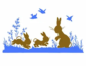 Two Colour: Three rabbits with three birds above