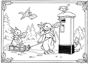 Mailing: Two rabbits and two birds posting a letter