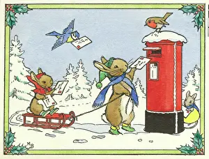 Mailing: Two rabbits and two birds posting a letter