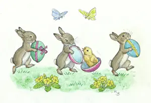 Bunnies: Three rabbits with easter eggs, butterflies etc