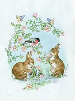 Cloke: Two rabbits filling basket with flowers