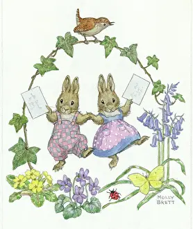 Two rabbits holding letters, with wren on ivy