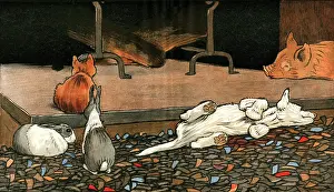 Timid: The rabbits join the other animals by the fire