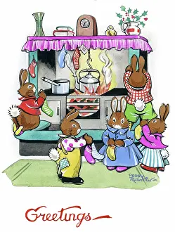Rushton: Rabbits in kitchen with Christmas stockings