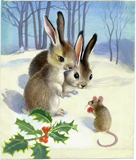 Sprig: Two Rabbits and a Mouse in the snow