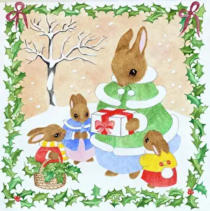 Fawcett: Rabbits with present and a basket of holly