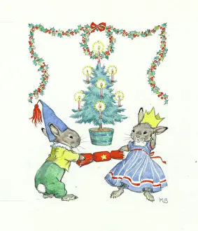 Whimsical: Two rabbits pull a cracker