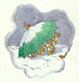 Whimsical: Rabbits shelter under umbrella