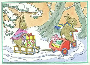 Rabbits on sledge and tricycle with presents