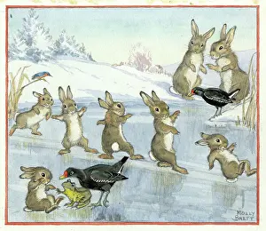 Whimsical: Rabbits sliding on ice