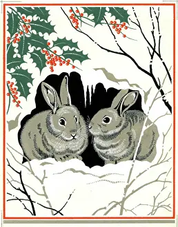Sprays: Two rabbits in the snow with holly