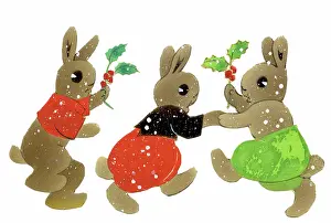 Schermele: Three Rabbits in the snow with holly