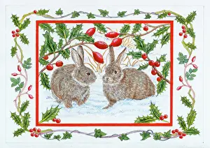Rosehips: Two rabbits in the snow with rosehips and holly