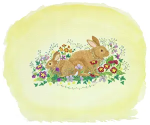 Primulas: Two Rabbits with Spring Flowers