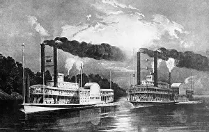 Mississippi: Race of two paddle steamers, around 1850