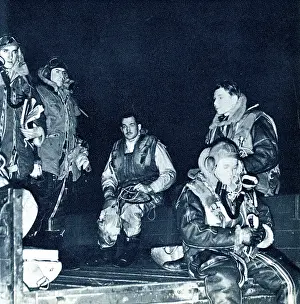 Airmen: RAF airmen just back from a long night flight, WW2