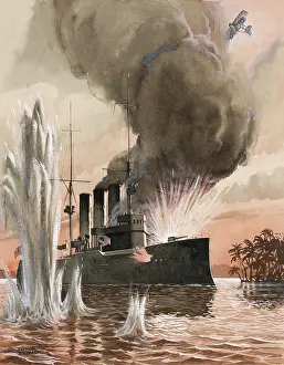 Explosions: RAF bombing German warship