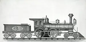 Railcar: Railroad engine, lithograph, circa 1874
